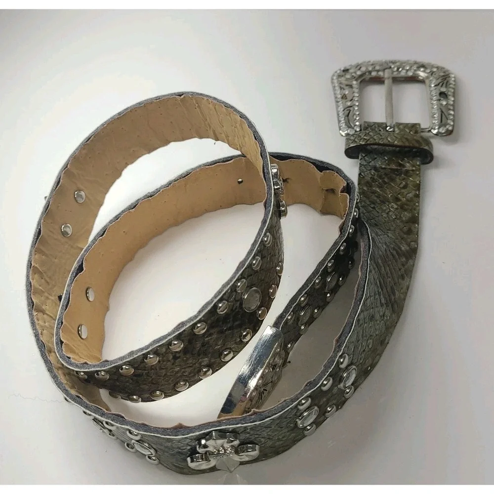 Western Rhinestone Studded Belt Snake Print Fleur De Lis Womans Large Bling